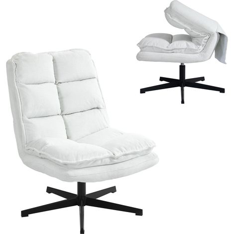MEUBLES COSY Sillón de ocio plegable sin reposabrazos en tela blanca con asiento de espuma y respaldo abatible, base de acero, giratorio 360 (1/5)