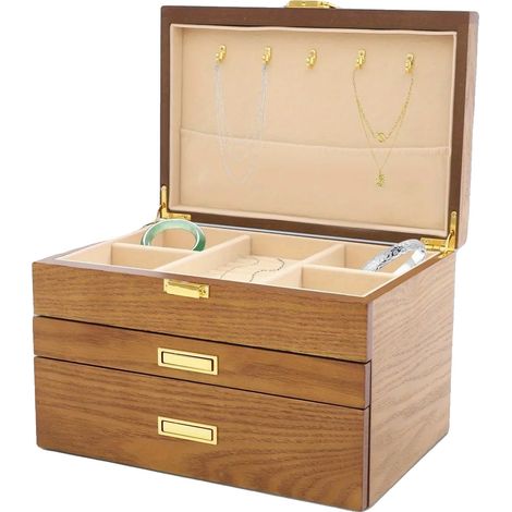 Joyero, fabricado en tablero de densidad con forro de felpa, forma rectangular, dos cajones, ideal para anillos y pulseras, construcción duradera. (1/5)