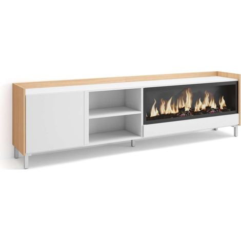 Mueble TV Teba-01 de 212x61x35 cm con chimenea eléctrica XXL, diseño industrial, color blanco y roble soft (1/4)