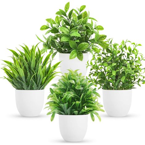 Plantes Artificielles - Eucalyptus Faux - 4 Unités - Pot Plastique Blanc - Hauteur 18 cm - Pour Intérieur Bureau Salle De Bain Étagère (1/5)
