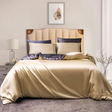 Parure de lit 200x200cm Satin Beige Gris 3 pièces avec fermeture éclair