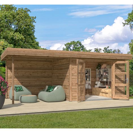 Abri de jardin 7,2m² avec préau de 6,5m² en épicea brun - TURKU