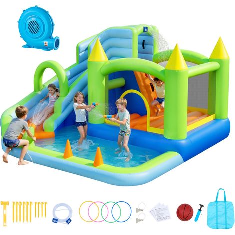 Château Gonflable, Aire de Jeux Gonflable avec Toboggan Aquatique, Piscine, Zone de Saut, Canon à Eau, Panier de Basket, pour 3 à 4 Enfants de 3 à 8 Ans, 344x374x213 cm, Souffleur Inclus (1/5)