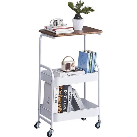 Chariot de cuisine avec roulettes, chariot de service à 3 niveaux, avec support en métal et plateau en bois pour cuisine, salle de bain, salon, blanc (1/5)