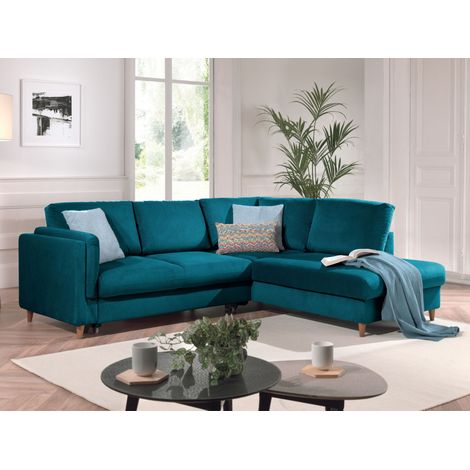 Lisa Design – Canapé d'angle convertible 5 places – Velours bleu canard – Structure en bois massif – Assise mousse haute densité – Dimensions L235xH85xP200 cm (1/5)