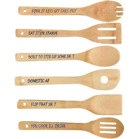 Lot de 6 cuillères de cuisine en bois, cuillère à café en bois avec inscriptions amusantes B-- (1/5)