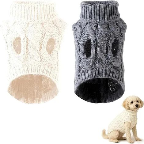 Lot de 2 pulls tricotés pour chiens vêtements d'hiver chauds pour chiots petits chiens chats col roulé classique veste tricotée torsadée manteau extensible confortable pour animaux de compagnie (1/5)