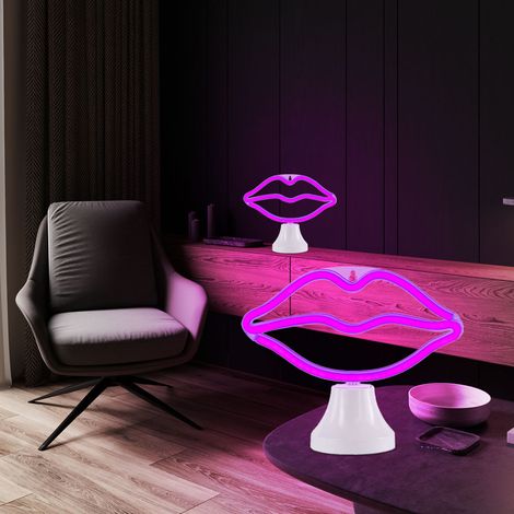 LED Wandleuchte Kussmund Tischlampe neon pink Dekolampe, mit USB, LxH 24x19,5 cm, 2er Set