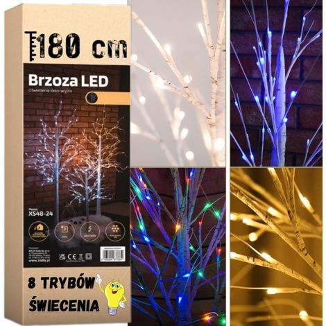 Sapin de Noël 144 LED - bouleau lumineux 180 cm, 8 modes d'éclairage. Bouleau 144 LED, sapin de 180 cm, couleur chaude, programmateur de décoration de Noël MORE&DECO. (1/5)