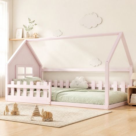 DESMIU Lit enfant 1 place avec design maison, 90 × 200 cm, sans matelas, en pin et MDF, rose (1/5)