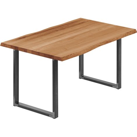 LAMO Manufaktur Esstisch Küchentisch, mit Baumkante 100x60x76 cm (AxBxH), Loft, Dunkel / Rohstahl mit Klarlack, LOB-01-A-004-0000L