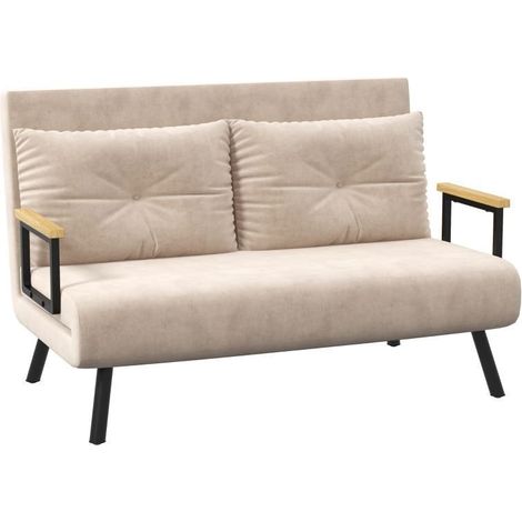Canapé-lit deux places en velours, fonction couchage intégrée, fourni avec 2 coussins, aspect velours, coloris naturel, beige et noir