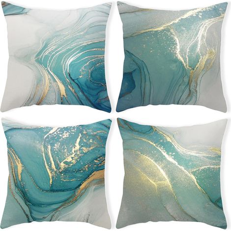 Lot de 4 Housses de coussin, Motif marbre vert et or, Polyester, 45x45 cm, Pour salon, chambre, voiture (1/5)