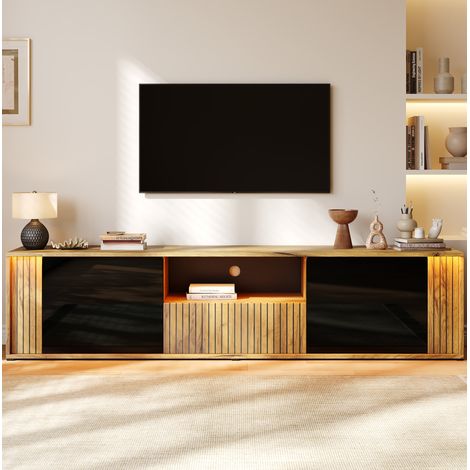 Meuble TV bas 180x40x51 cm pour TV 75" avec LED, 2 portes, 1 tiroir, noir et bois, REDOM (1/5)