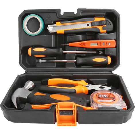 Kit de 9 outils de bricolage avec boîte : tournevis, pince, marteau, couteau multifonction (1/5)