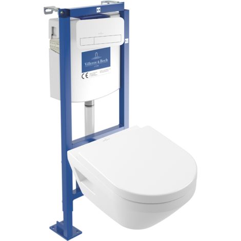 Pack inodoro suspendido sin reborde Villeroy & Boch Architectura TwistFlush [e³] redondo + bastidor de instalación suelo y pared + placa blanca