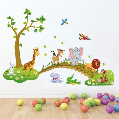 Stickers muraux animaux de la jungle, lion, girafe, éléphant, pont, décorations murales pour chambre d'enfant, décorations murales pour chambre de bébé (1/4)