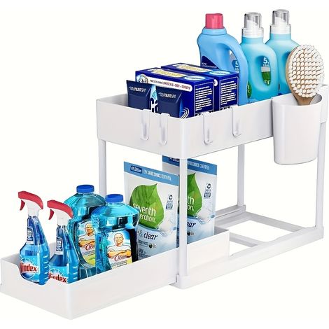 Organizador de 1 pieza para debajo del fregadero, organizador para armario de baño, cesta deslizante de 2 niveles, cestas multiusos para baño, color blanco. (1/5)