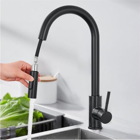 Küchenarmatur mit Ausziehbrause, Küchenmischbatterie mit 360° schwenkbarem Auslauf, flexiblem Schlauch mit 2 Strahlarten, Schwanenhalsarmatur, Schwarz, Edelstahl (1/4)