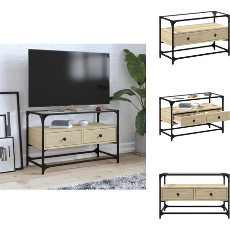 TV-Schrank mit Glasplatte Sonoma-Eiche 80x35x51cm Holzwerkstoff - TV Schrank - Holzwerkstoff - Glastischplatte - Sonoma Eiche - Wohnzimmermöbel (1/5)
