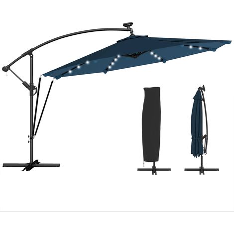 Outsunny parasol excéntrico de aluminio con luces LED solares, Ø345 cm, con base cruzada, manivela, funda protectora y cuerda de viento, upf50+, azul