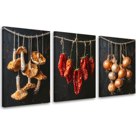 Set de tableaux sur toile  Champignons tomates oignon 3 x 20x30