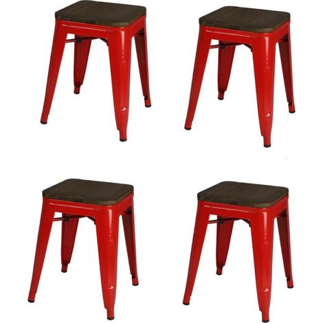 Lot de 4 tabourets en métal et bois "Liv" - Rouge - H 46 x L 39 x P 39 cm - Livraison gratuite (1/3)