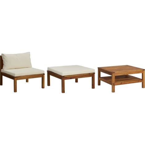 INLIFE Salon de jardin 3 pcs avec coussins blanc crème Bois d'acacia (1/5)
