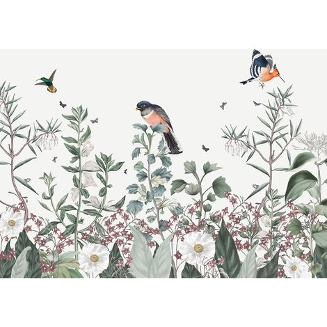 Papier peint panoramique - Fleurs Oiseaux - 130 cm x 124 cm (1/2)