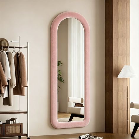VASIEN – Grand miroir sur‑pied arche pleine longueur 160x50 cm rose,cadre rembourré en flanelle,pose au sol,fixation murale ou adossé,pour salon,chambre et dressing (1/5)