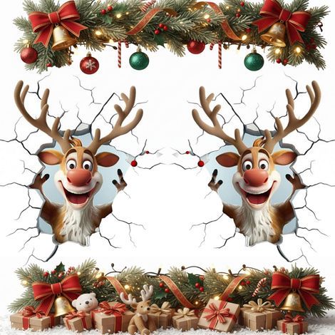 Weihnachtliche Wandaufkleber - Weihnachtliche Fensteraufkleber - Weihnachtsdekoration - 3D-Weihnachtsrentier (39 x 40 cm) - Weihnachtsdekoration (2er-Set) (1/5)