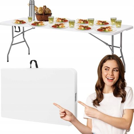 Tavolo da catering pieghevole da 180 cm in valigia, tavolino da giardino e da campeggio bianco. (1/5)
