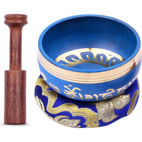 Blaues tibetisches Klangschalen-Set mit handgefertigter 10,5 cm/4 Zoll Metall-Klangschale, weichem Kissen und Holzklöppel für Meditation, Klangchakra-Heilung, Yoga und Entspannung