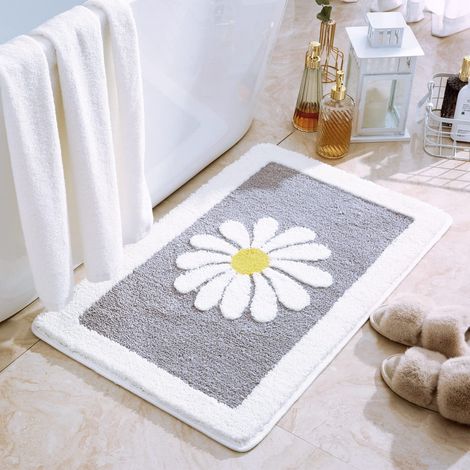 Tapis de bain, tapis de sol, tapis de bain à motif floral blanc, doux, moelleux, lavable, antidérapant (40,6 cm x 61 cm, gris)