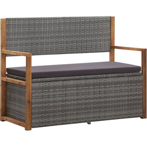 Bank mit Stauraum 115 cm Poly Rattan Massivholz Akazie Grau