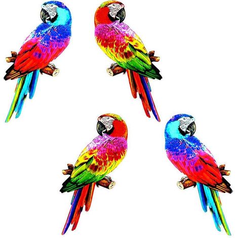 4-teiliges Wandbild aus Metall: Papageien (38 cm) – Inspirierende Dekoration, farbenfrohe Vogelskulpturen