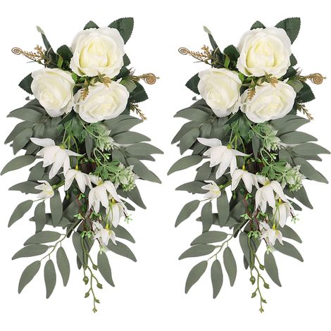 2 künstliche Rosen- und Narzissen-Blumengirlanden für die Stuhldekoration von Braut und Bräutigam bei Hochzeiten, weiß (1/2)
