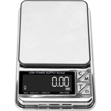 Balance de cuisine numérique domestique 200 g/0,01 g – 1500 g/0,1 g, haute précision, rechargeable par USB, en acier inoxydable, idéale pour les bijoux et les aliments. (1/5)