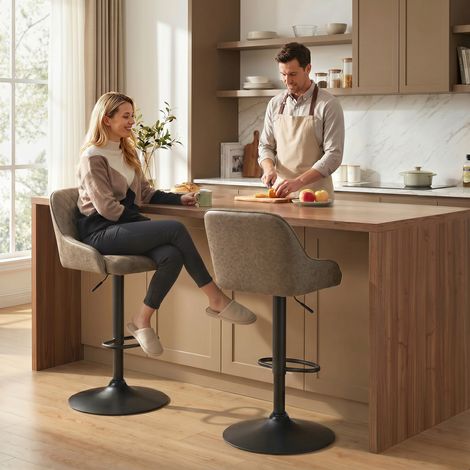 Lot de 2 Tabourets de Bar, Tabourets Hauts Cuisine avec Siège Pivotant et Hauteur Réglable, Marron Foncé (1/5)