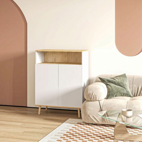 Meuble de rangement buffet sur pied scandinave placard 2 portes avec étagère intérieure blanc et aspect bois (1/5)