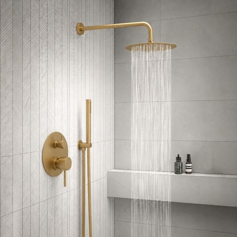 Set doccia con miscelatore a due vie completo di soffione 25 cm braccio 40 cm e kit doccetta in oro opaco Gedy (1/4)