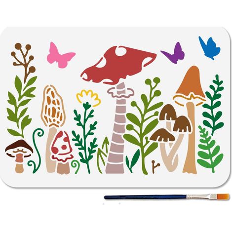 Pochoir de Peinture aux Champignons Pochoir de Champignon de la Jungle 29.7 × 21cm avec Pinceau Modèle de Plante de la Jungle pour Mur en Bois Fenêtre Bricolage Artisanat Décoration (1/5)