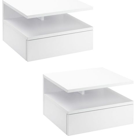 Set mit 2 weißen Irovami Hänge-Nachttischen, 35 x 32 x 22,5 cm, mit Schublade und Ablage zur Wandmontage, Tragkraft 8 kg, für Schlafzimmer und Wohnzimmer (1/5)