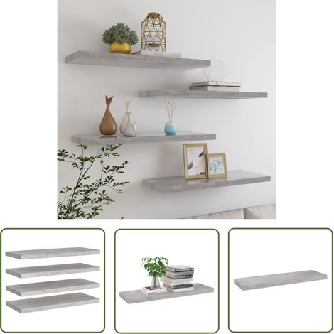 The Living Store Étagères murales flottantes 4 pcs gris béton 80x23,5x3,8 cm MDF - Étagères Murales - Étagères Flottantes - Décoration Murale - Rangement Mural - Meubles Déco (1/5)