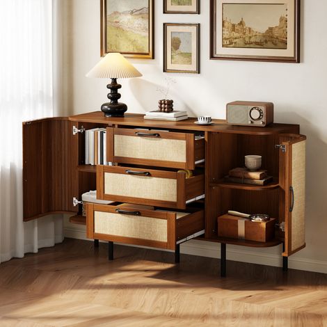 Buffet avec 2 portes et 3 tiroirs, meuble de rangement en MDF, façades effet cannage, étagères réglables, pieds en métal noir - Noyer (1/5)