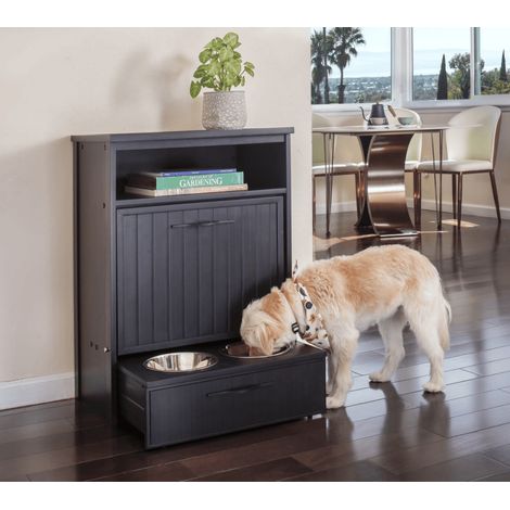 Armario comedero para Mascotas LUISIANA - Dos Cuencos de Acero Inoxidable accesibles para Perros y Gatos - 36,4x58,4x83,2cm (Negro) (1/5)