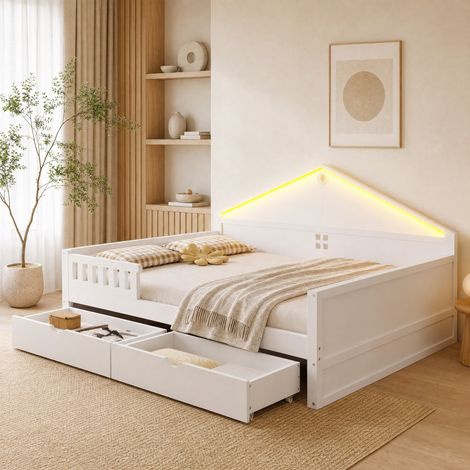 Letto 140x200 con LED, 2 cassetti e rete a doghe, bianco e grigio OKMYHOME (1/5)