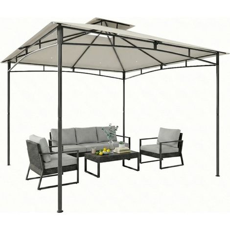 Pavillon de jardin 3×3 m crème, imperméable et résistant à l’hiver, cadre supérieur rétractable et double toit. (1/5)