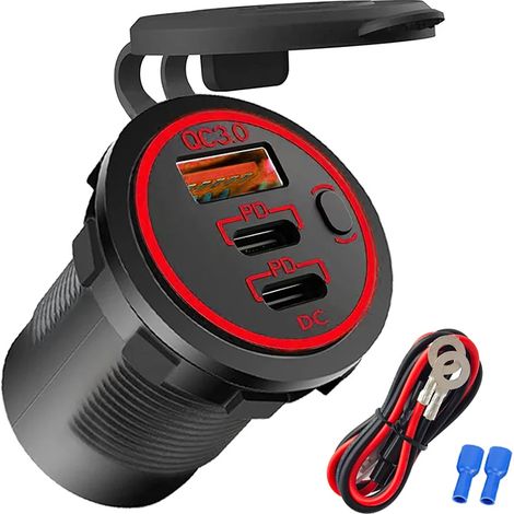 Chargeur mural USB 12 V 58 W avec deux ports USB-C PD et charge rapide 3.0, chargeur USB étanche avec interrupteur marche/arrêt - AquaForge (1/5)