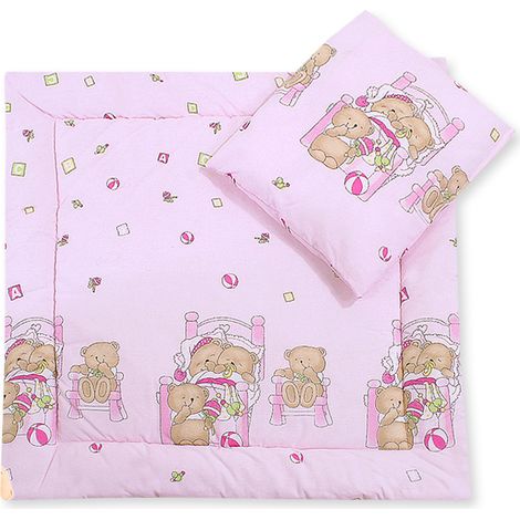 Linge de lit pour poussette avec couette et oreiller - Ours en peluche dans un lit, rose
